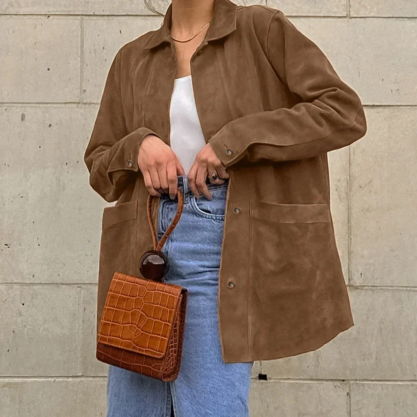 

Vintage Brown Suede Coat Women's Fall Winter 2025 Loose Design Lapel Coat Women's Clothing