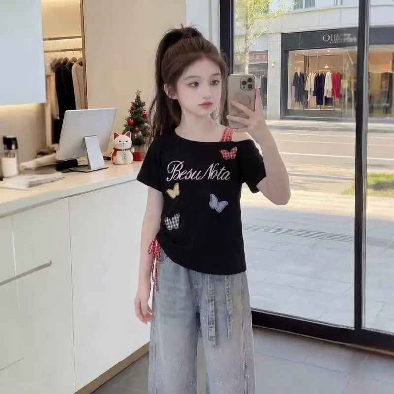 Girls Summer Butterfly Print Irregular Slanted Shoulder Short Sleeved T-shirt Girls Stylish Versatile Sweet and Cool Top