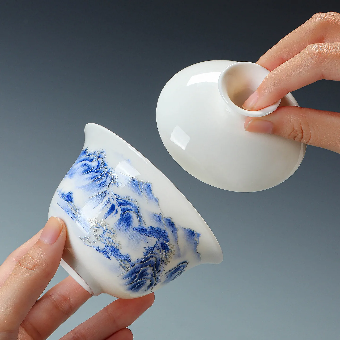 Handmade Dehua Suet Jade White Porcelain Sancai Gaiwan Tea Bowl Hover Lid Kung Fu Tea Set Home Office Gift Box