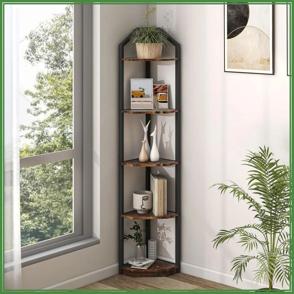 

70" Tall Corner Shelf, 5-Tier Stand for Books, Plants & Decor, Storage for Living Room, Bathroom, Home Office - Brown