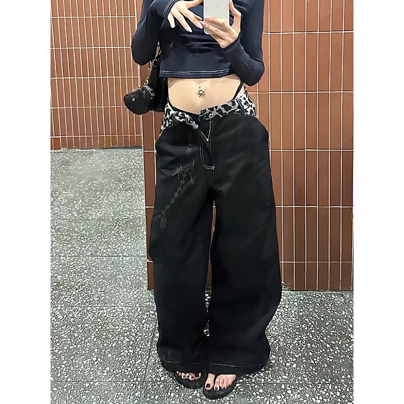 

Черные леопардовые мешковатые джинсы Y2k, женские винтажные широкие джинсовые брюки в стиле Харадзюку, эстетический стиль 90-х, большие джинсы-бойфренды, брюки