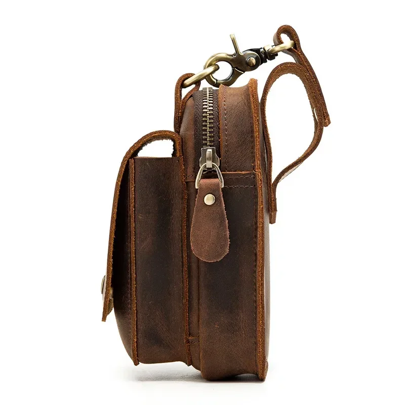 Men Genuine Leather Waist Packs Male Crazy Horse Leather Belt Bag for Cigarette Phone Pouch Case Men's Small Travel Waist Bag