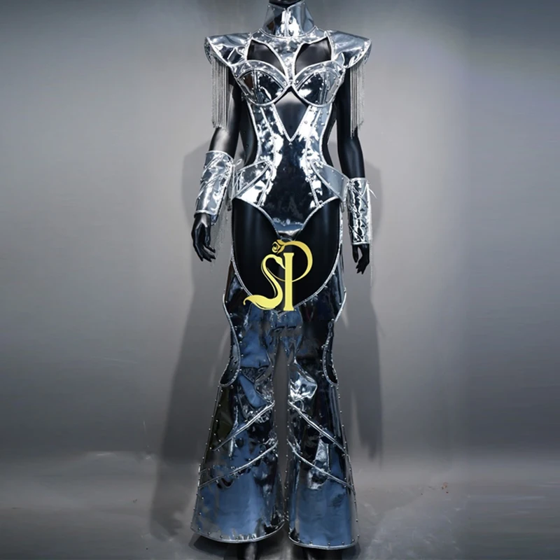Sexy Pole Dance Clothing Women Cutout Silver Mirrors Jumpsuit Gogo Costume Bar Nightclub Ds Dj Stage Rave Outfit XS8456