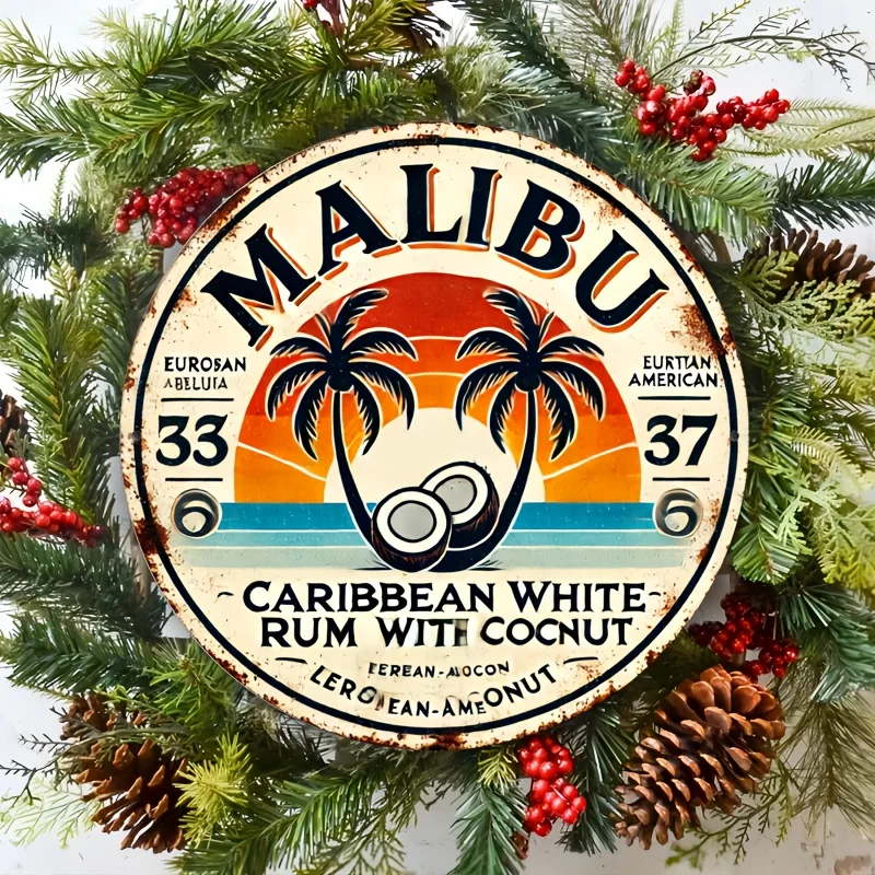 

Винтажная алюминиевая настенная вывеска Malibu Rum Coconut — тропический декор в стиле ретро с пальмовыми и закатным дизайном, идеально подходит для дома, бара