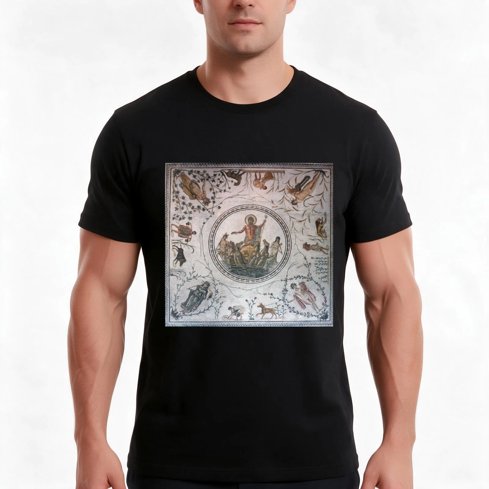 Mosaic of Neptune T-Shirt, Summer Casual Cotton Tee, Oversized Streetwear Tops, Vintage Graphic Print, Loose Fit Short Sleeve