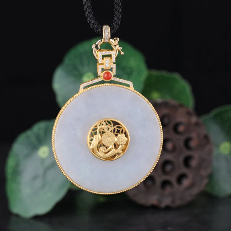 925 Silver Gold-Plated Inlaid Rotatable Ice Jade Peace Buckle National Trend Ancient Costume Hanfu Pendant Jade Pendant with Cer