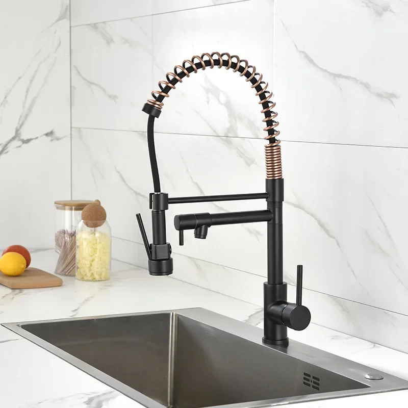 All copper hot and cold American style, kitchen faucet spring brushed gold, rotating universal vegetable basin