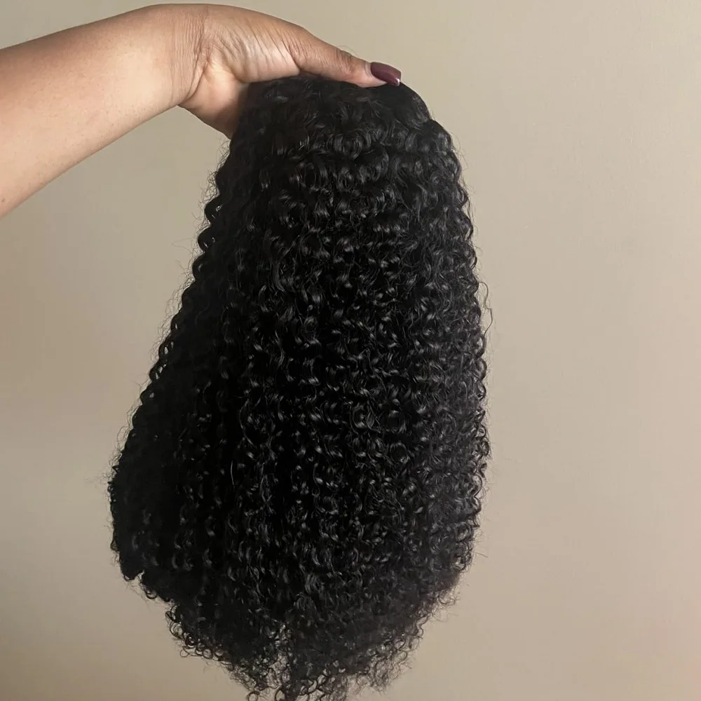 

Парик на шнурке 200% плотности, полупарик, афро-кудрявые вьющиеся бесклеевые парики, 100% человеческие волосы, натуральный черный