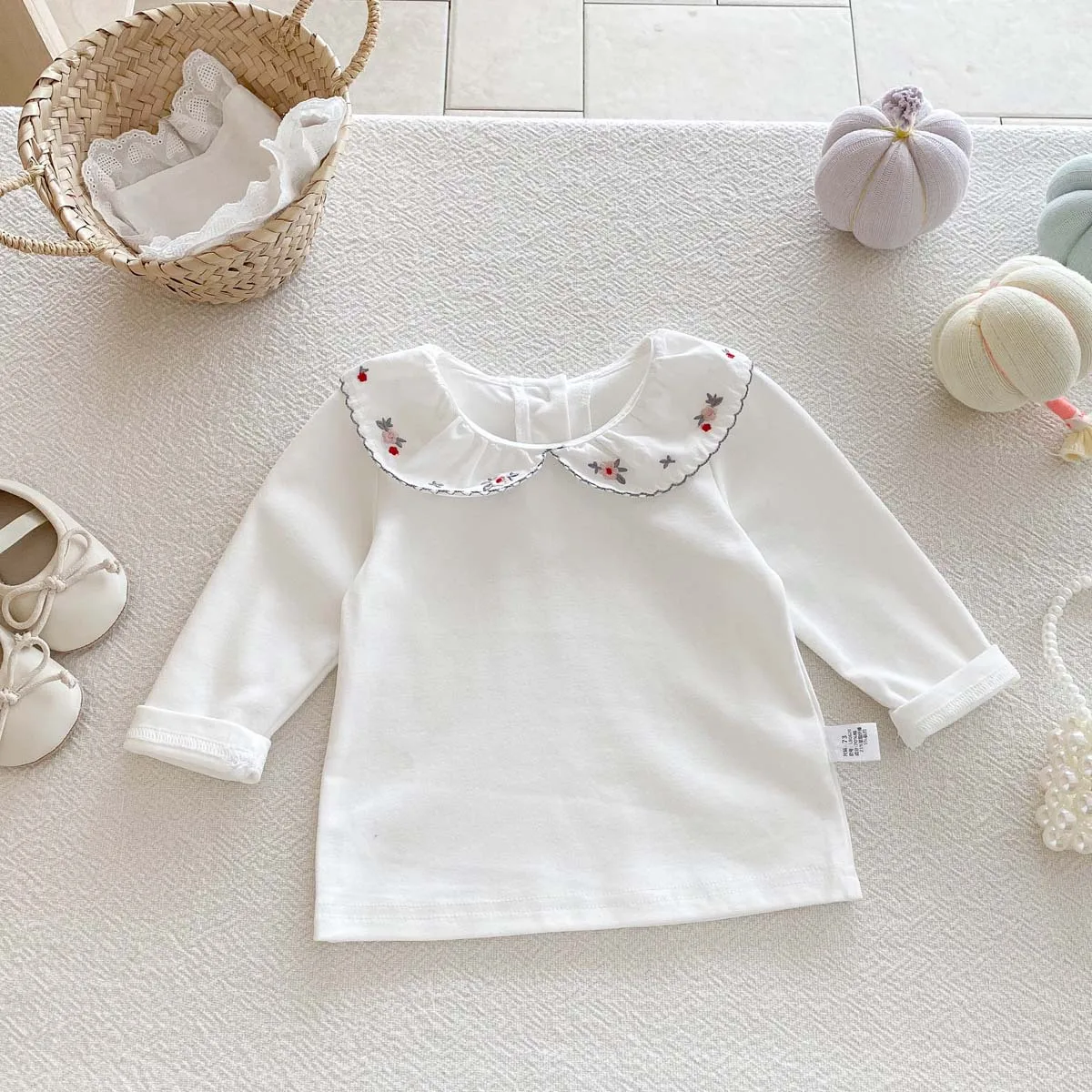Children's Clothing 2025 Autumn Collection New Girls' Embroidered Doll Collar Long Sleeved Baby Sweet T-shirt Top