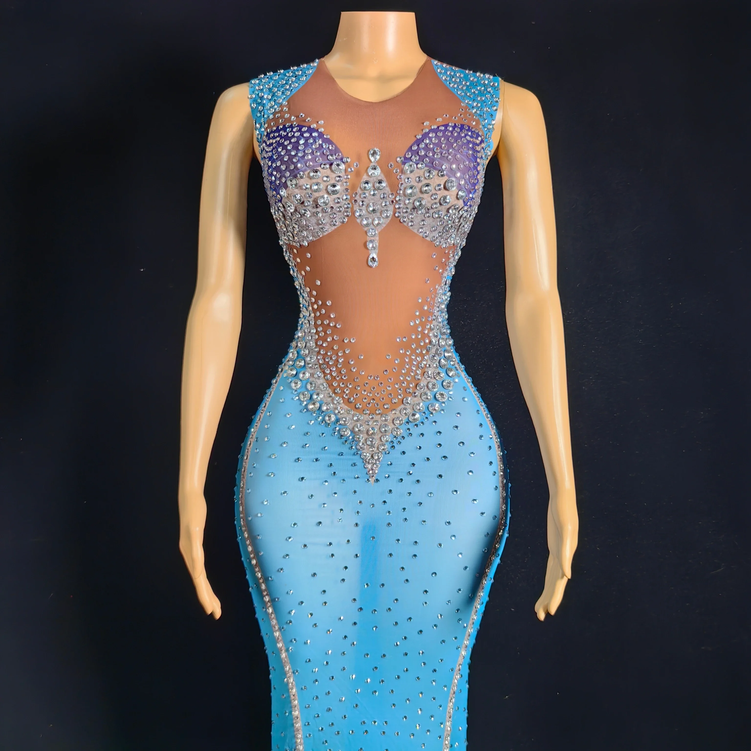 Women Nightout Bodycon Graduation Sheer Birthday Queen Rhinestone Prom Stage Dress