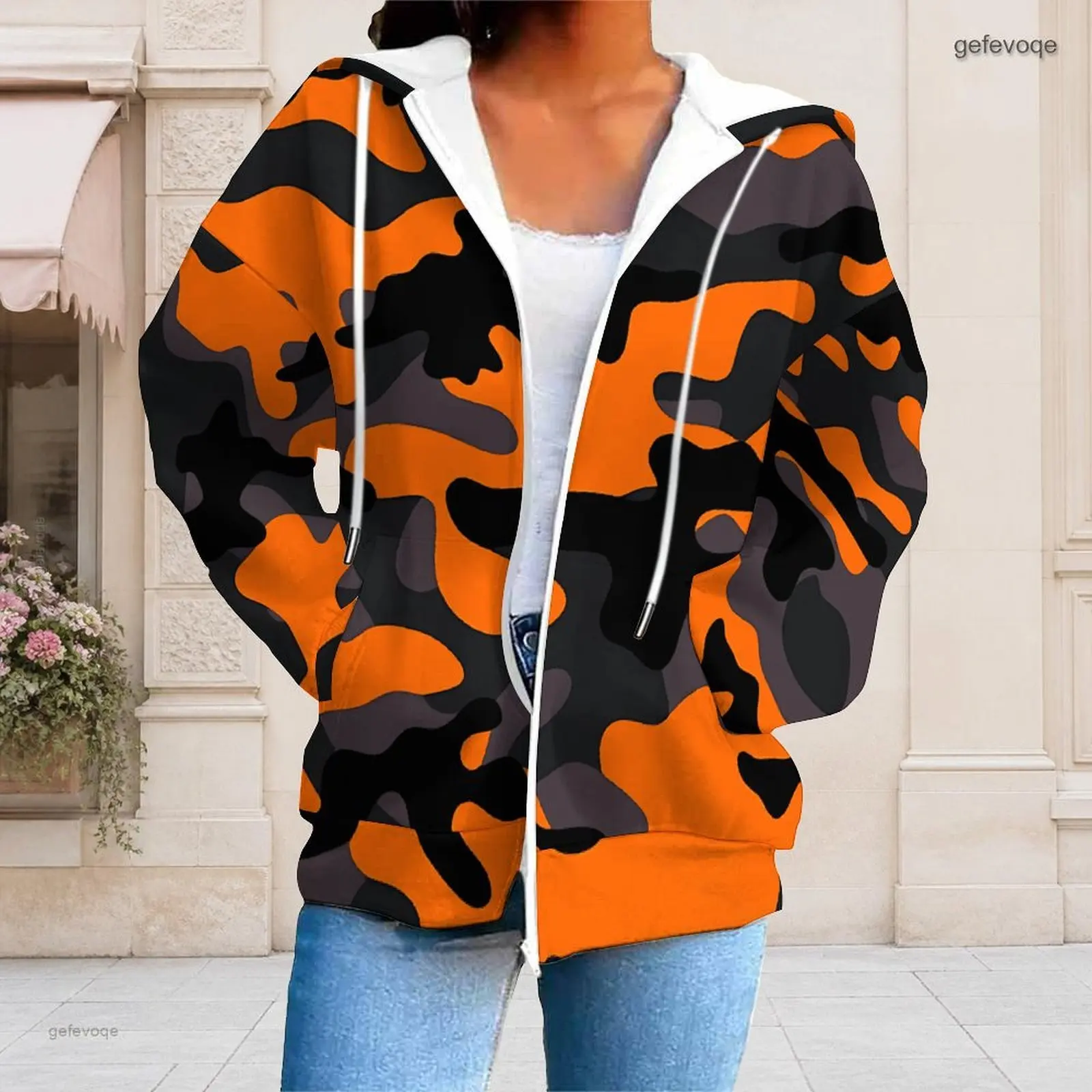 Women Printed Brown Native Fringe Pattern Long Sleeve Zip Up Hoodie with Drawstring Hood and Pockets