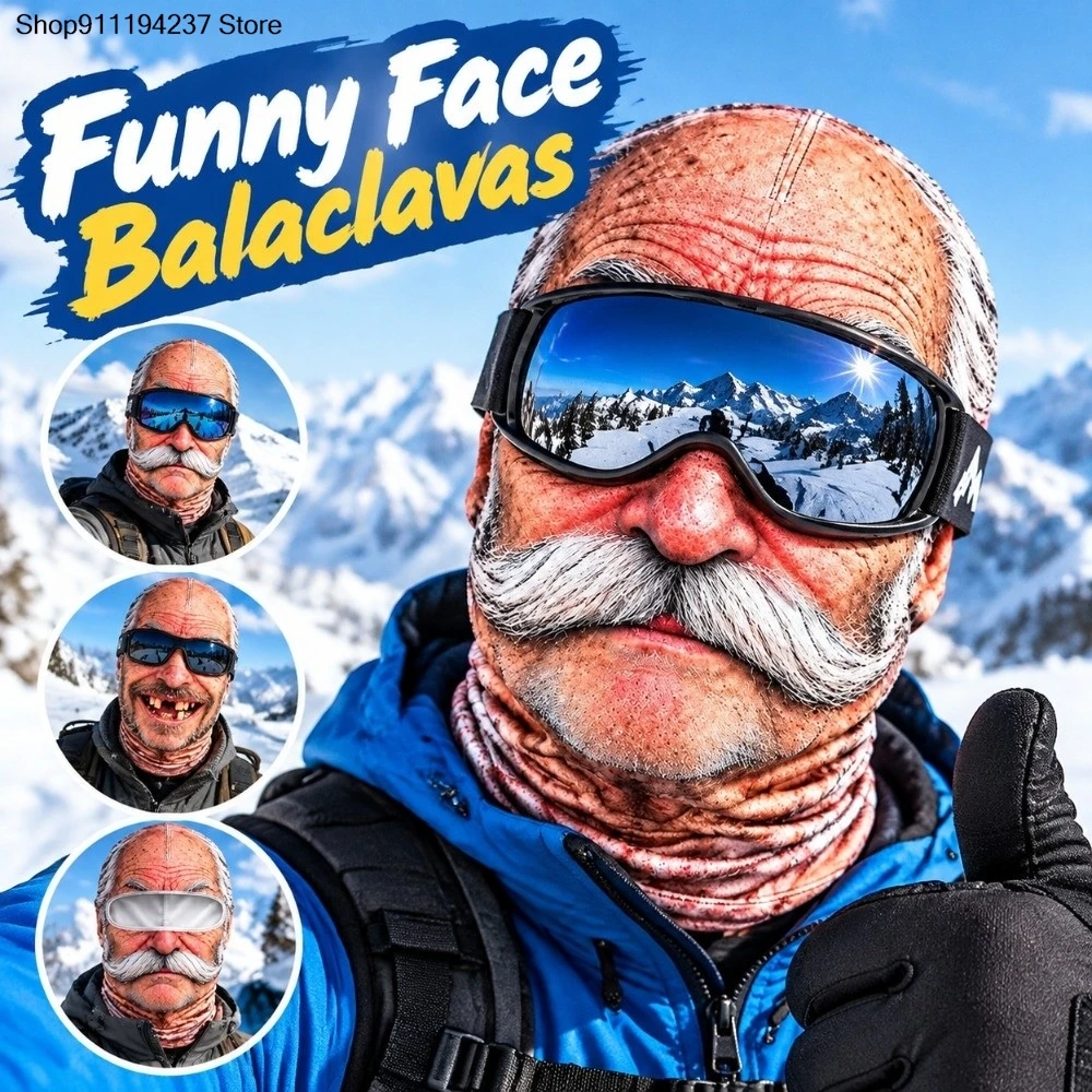 3D Face Printed Old Man Balaclava White Mustache Breathable Eye Hole Winter Mask Cover Full Coverage Stretch Ski Mask