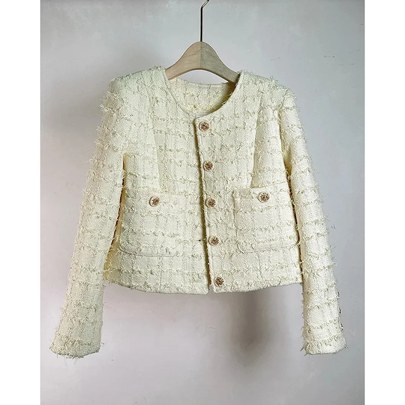 

Осень/зима, новая элегантная высококачественная женская твидовая куртка с круглым вырезом, большие размеры 202, светский стиль, грубое французское твидовое клетчатое пальто