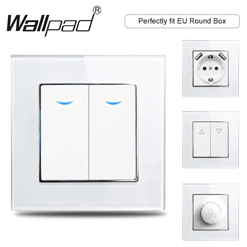 

EU 2 Gang with LED Indicator Wallpad White Tempred Glass 1 2 Way Push Button Rocker On Off Switch for EU Round Box Wall Panel