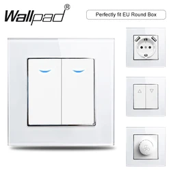 EU 2 Gang with LED Indicator Wallpad White Tempred Glass 1 2 Way Push Button Rocker On Off Switch for EU Round Box Wall Panel