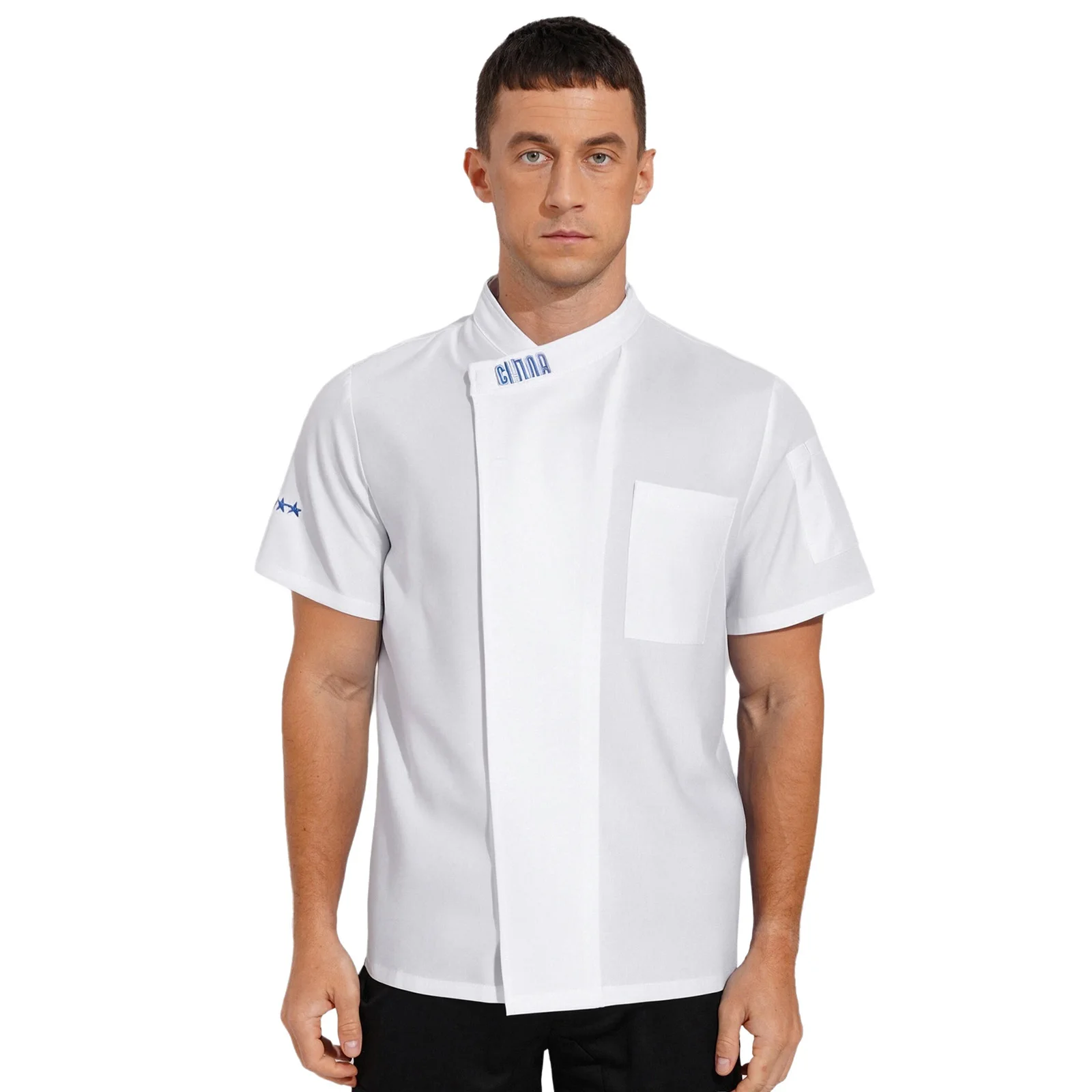 Mannen Vrouwen Koksjas Shirts Restaurant Hotel Keuken Werk Tops Korte Mouw Ster Borduren Ijs Zijde Kok Shirt Blouse Werkkleding