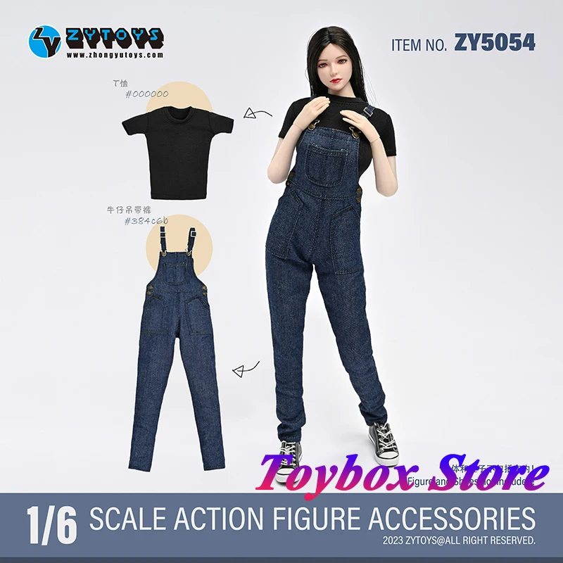 

ZYTOYS ZY5054 1/6 женский солдат, черная футболка, джинсовые подтяжки, Брюки с карманами, украшение, одежда, аксессуар для фигурки 12 дюймов