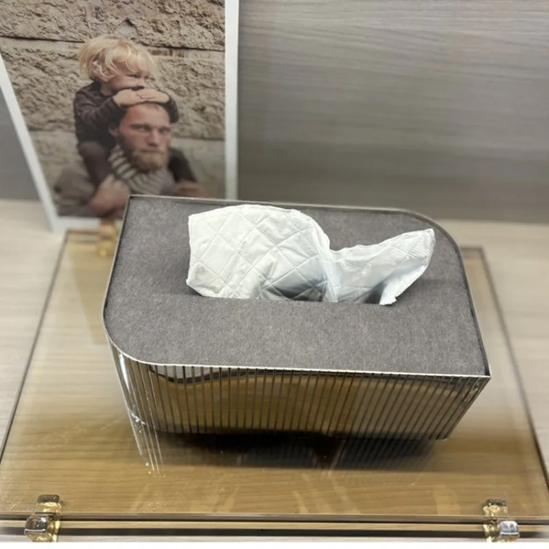 French tufted horsehair leather tissue box stainless steel paper box light luxury high-end living room coffee table hotel