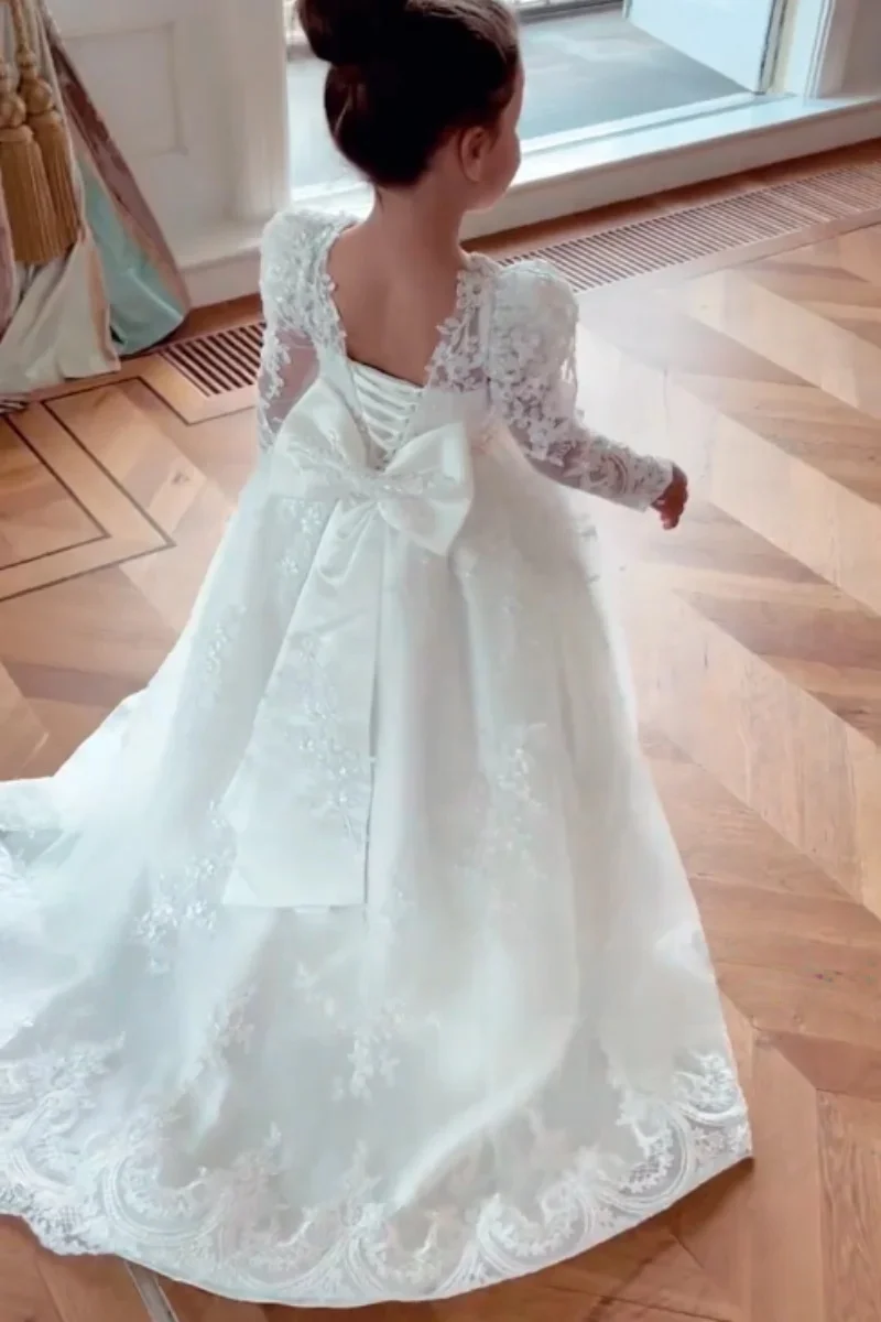 JDY-vestido blanco personalizado de flores para niña, vestido de boda con lazo de encaje, apliques hasta el suelo, fiesta de cumpleaños y comunión