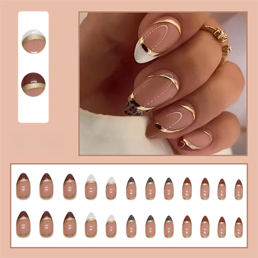 

24Pcs/Set French Almond Wearing False Nails Acrylic Fake Nails Tips Gold Foil Colour Blocking Leopard Print Press on Nails Art