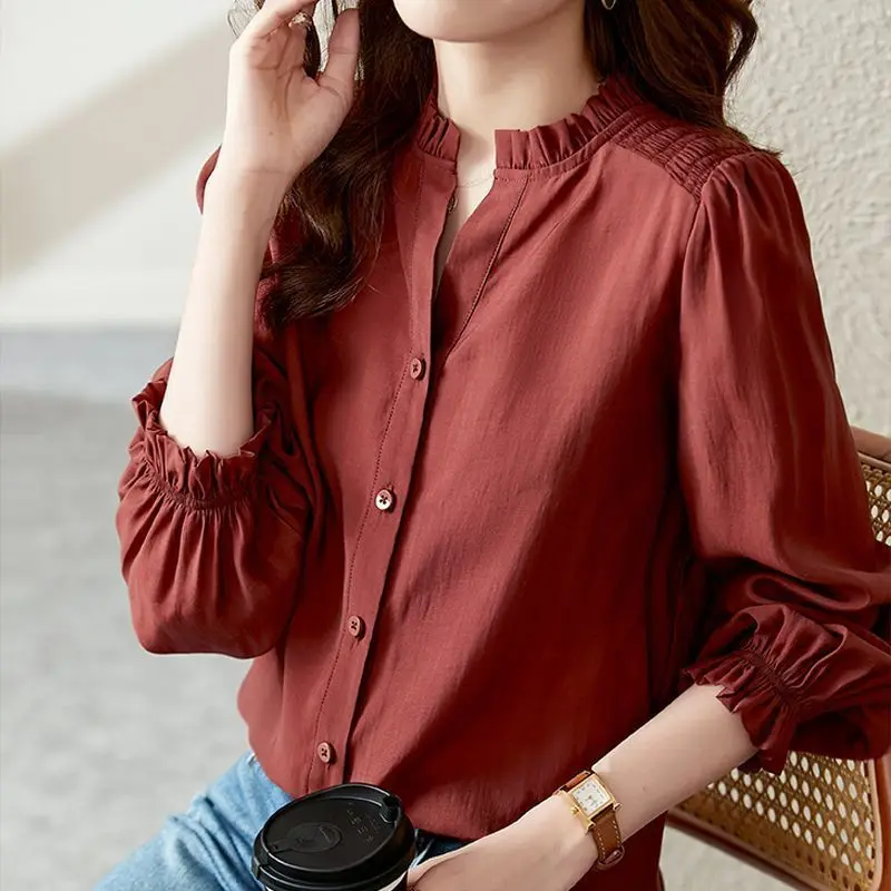 2023 Spring New Women\'s Clothing V-Neck Solid Color Long Sleeve Fashion Casual All-match Loose Temperament Thin Vintage Shirt