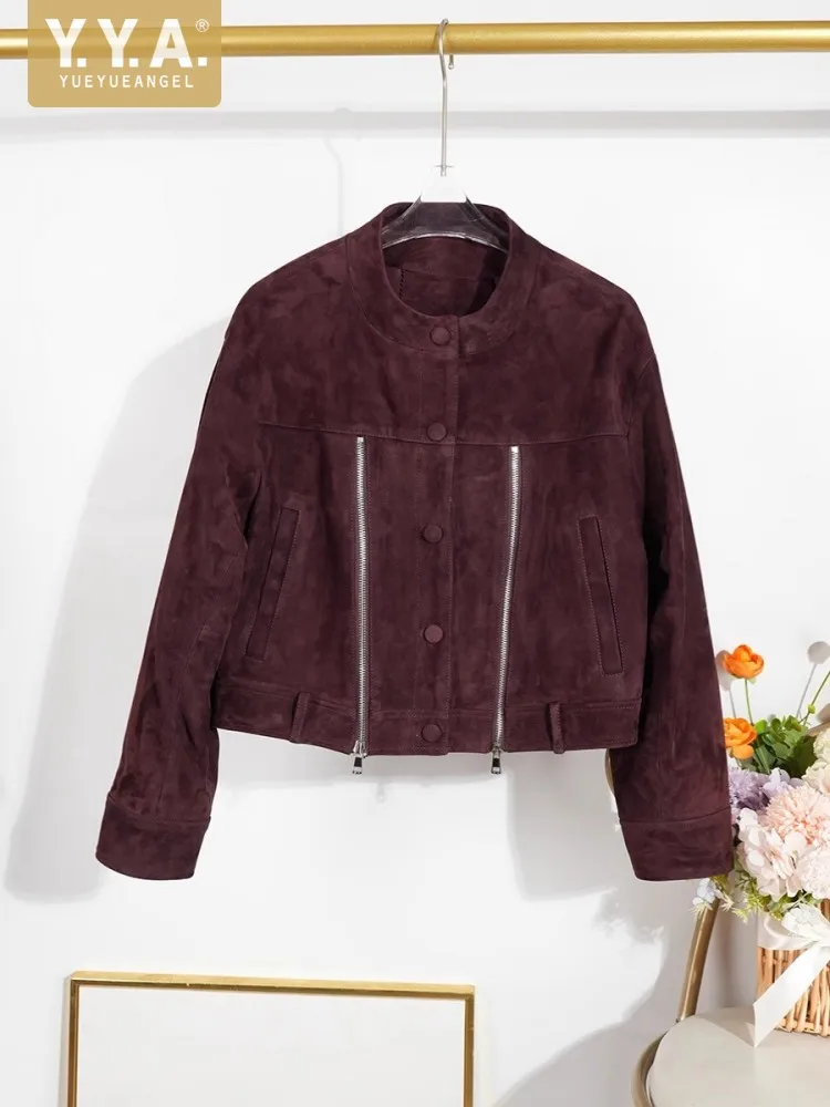 Chaqueta de cuero genuino de ante Vintage para mujer, abrigo corto de motocicleta con cremallera y cuello alto, botonadura única, otoño