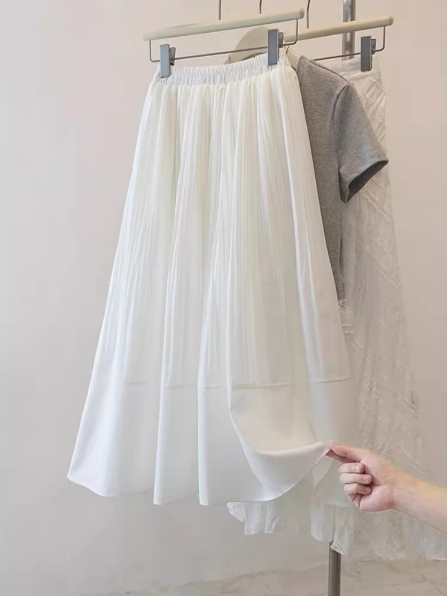 

White Chiffon Loose Dra Skirt Spring 2026 Women's plus Size Faionable A-Line Skirt High Waist Daily Wear