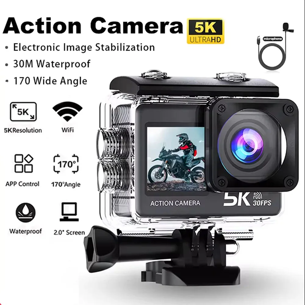 

5K Action Camera 4K60FPS 2.0 Inch Touch Screen Wi-Fi 170° Wide Angle 30M Waterproof Helmet Video Recording Sports Cameras