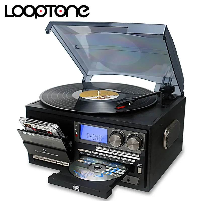 LoopTone 3 velocidades todo en uno Bluetooth-In/Out compatible tocadiscos vinilo LP reproductor de discos Vintage CD y Cassette FM/AM Radio USB REC