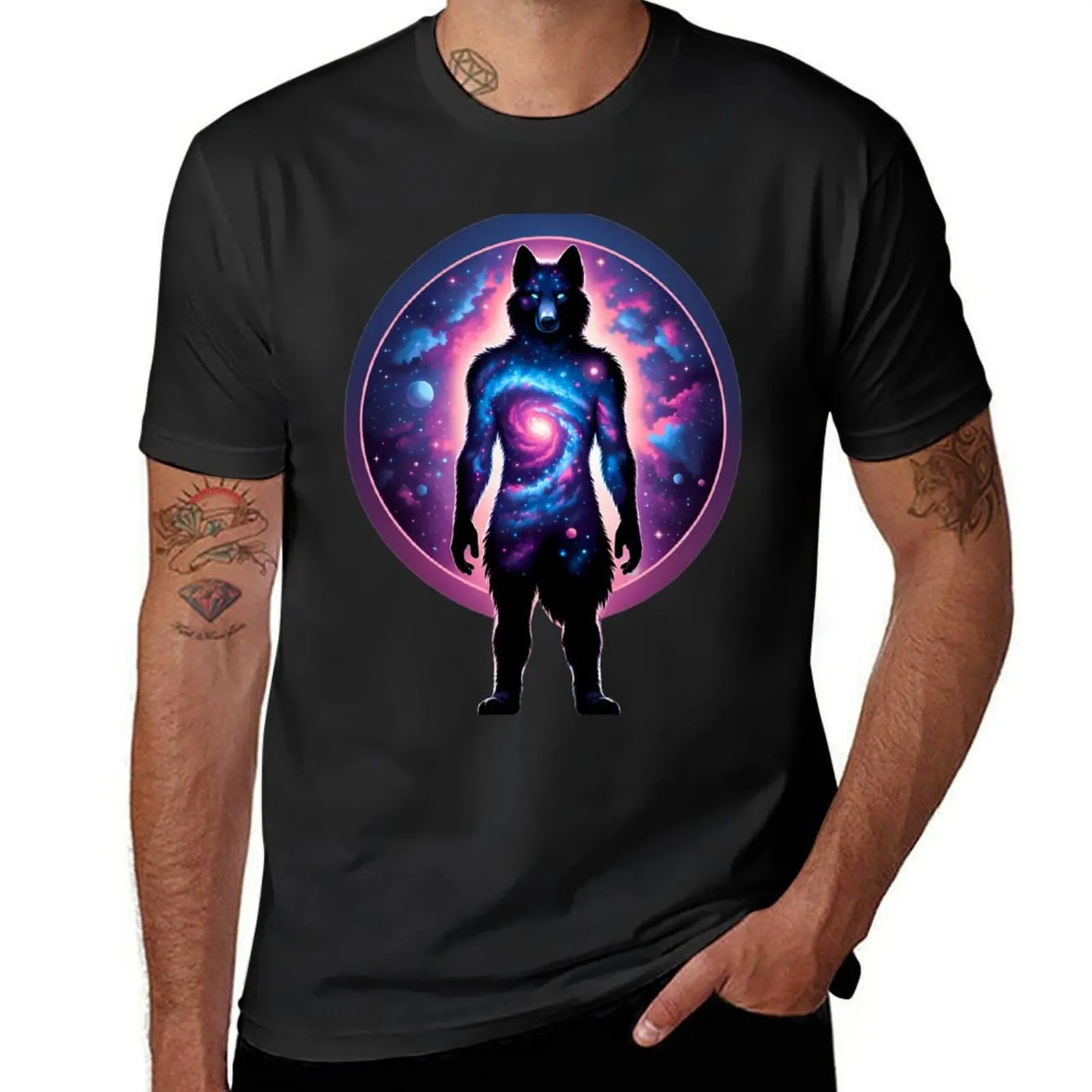 

Anthro Furry Wolf Cosmic Space Art T-Shirt tops Aesthetic clothing plain black t shirts men