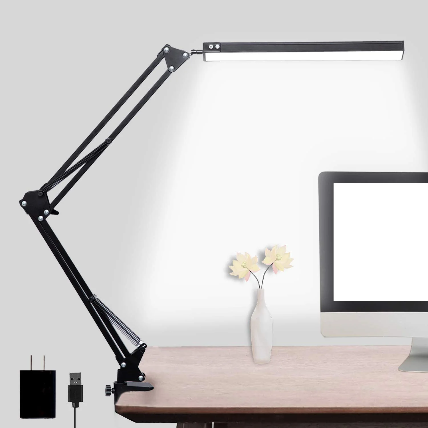 

LED Desk Lamp Adjustable Swing Arm Lamp with Clamp, 10-Step Brightness, 3 Lighting Modes with USB Power Cord Switch (Black)