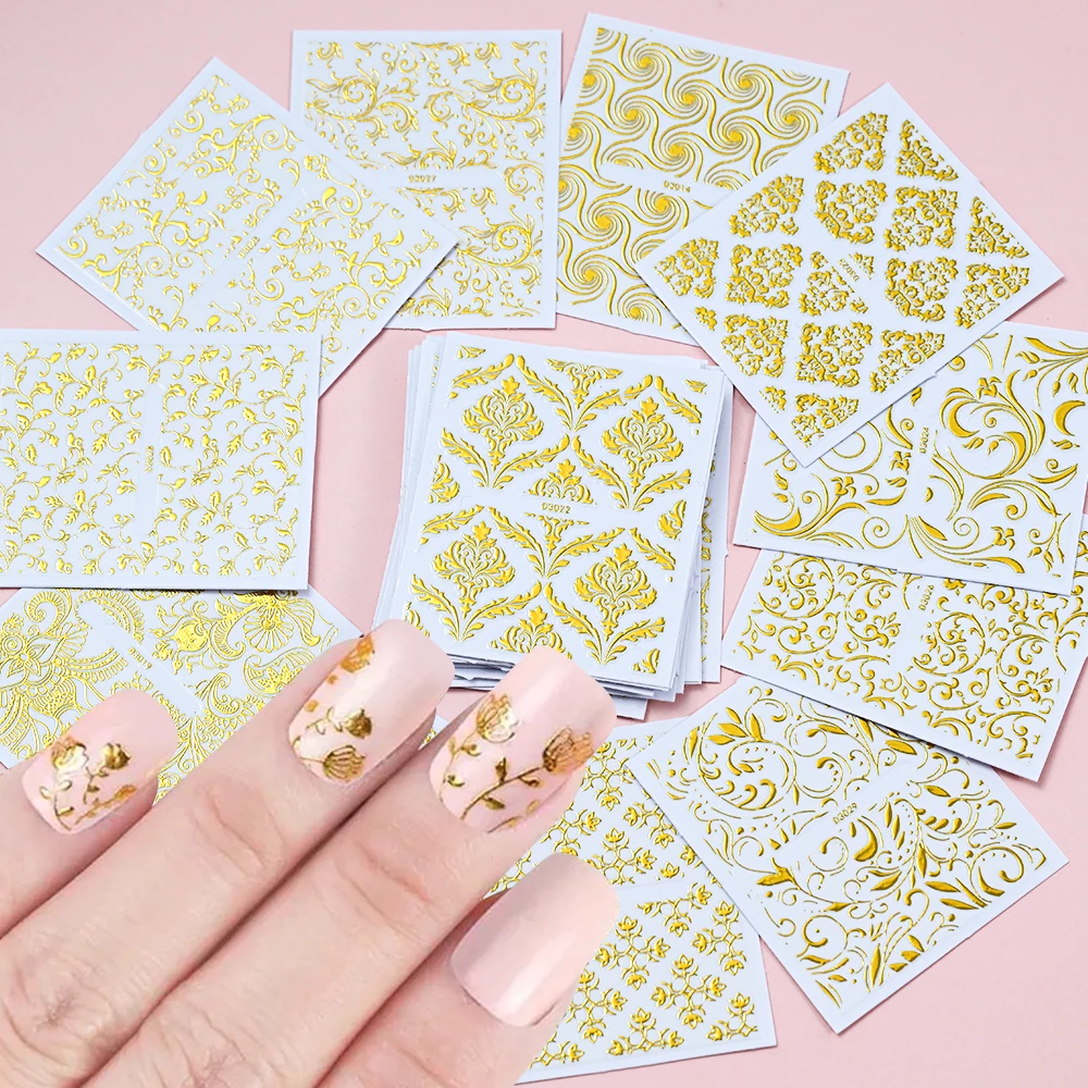 30pcs Golden Foil Nail Art Stickers Set 3D Self-Adhesive Metallic Decals Flower Leaf Necklace DIY Design Manicure Accessories#NL