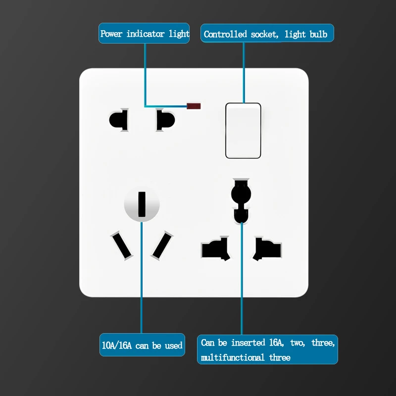 86 Type Universal Ten Holes 1Gang Multifunctional Three Eight Holes High Power 16A White Southeast Asian Wall Switch Socket
