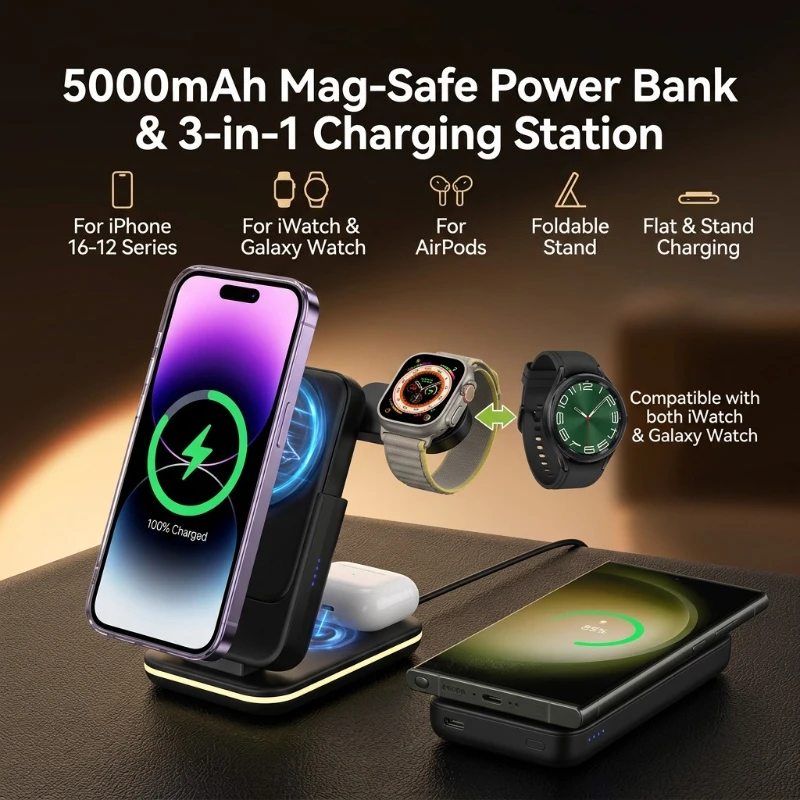 5000mAh Magnetic Wireless Portable Powerbank Multi Function Charger Dock For iPhone12-16,Airpods,iWatch,Samsung Smart Watch