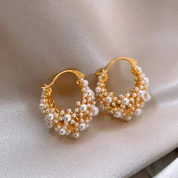 French new design fashion jewelry 14K gold plated U-shaped flower basket Pearl earrings elegant women's daily work accessories