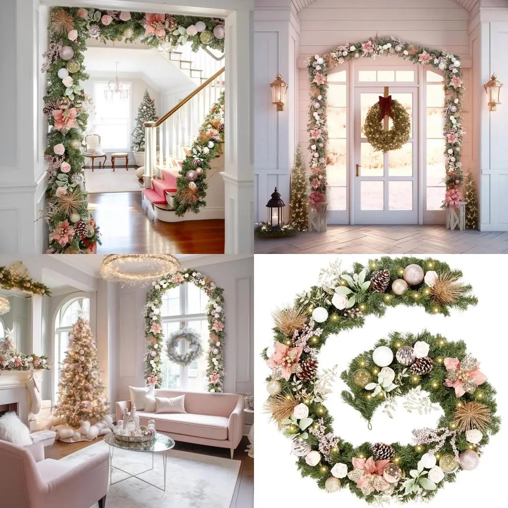 

9ft/108in Rose Gold LED Christmas Garland with 50 Lights, Battery-Powered for Indoor/Outdoor Holiday Decor