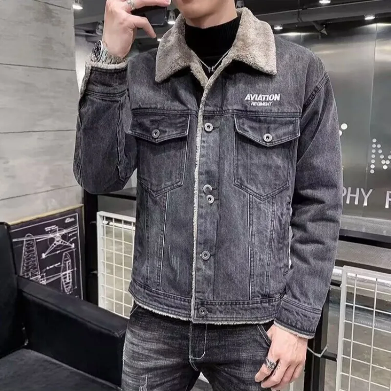 Giacca di jeans da uomo grigia cappotti di jeans maschili imbottiti caldi inverno 2024 abbigliamento maschile Trendy Rock Elatic abbigliamento