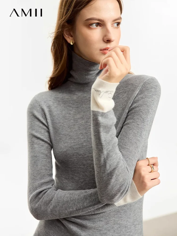 

AMII Minimalist 2023 Turtleneck Fashion Women Sweater Autumn Warm Slim Sweaters Spliced Long Sleeve Bottom Pullovers 12323069