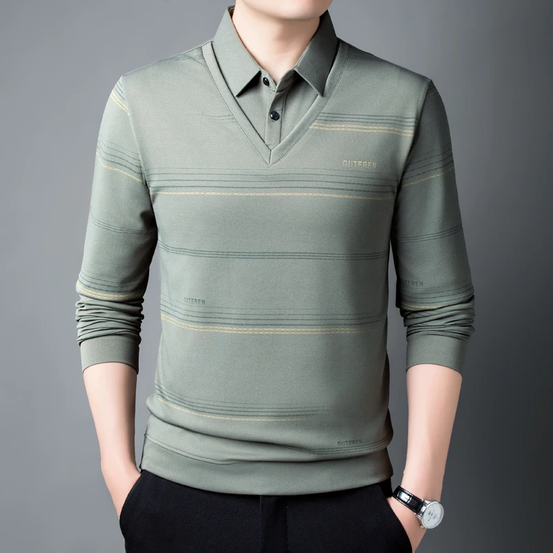 Formal Fake Two Pieces Printing Contrast Color Pullover T-shirt Turn-down Collar Long Sleeve Men's Spring Autumn Striped Tops