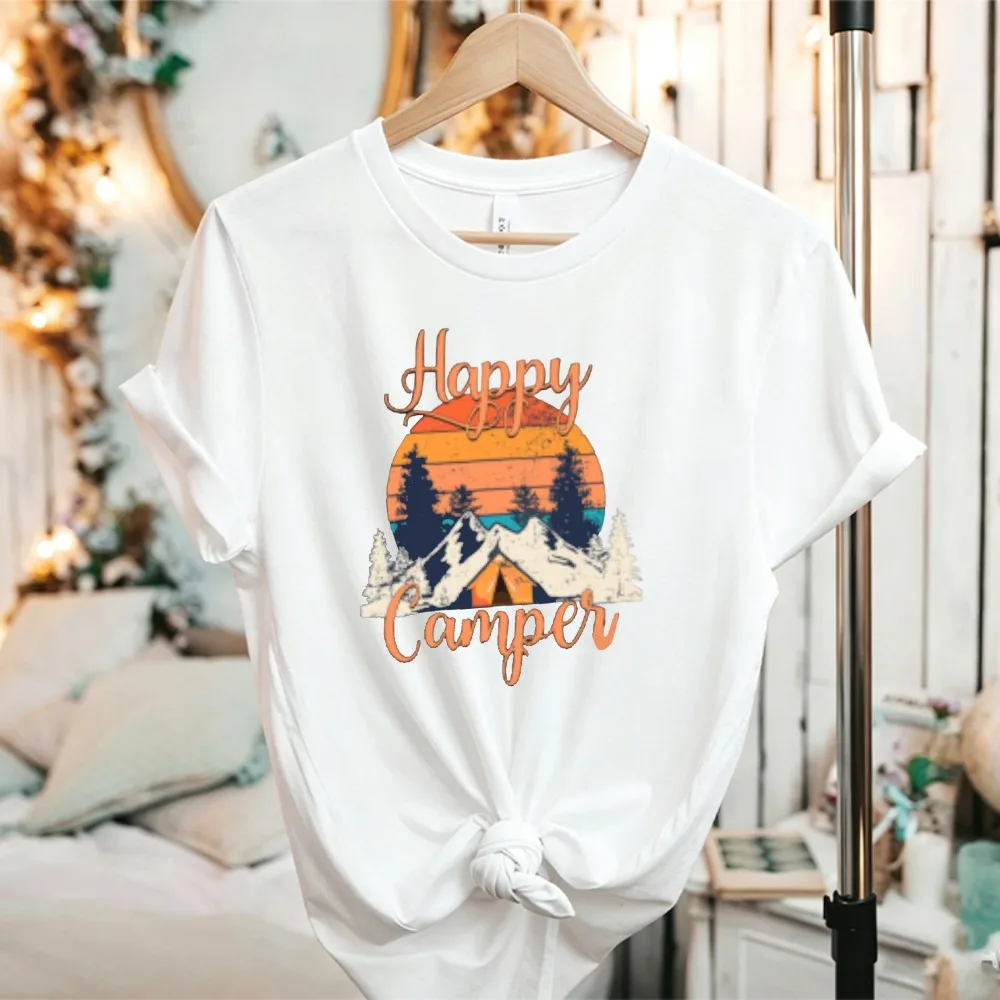 Happy Camper Retro Mountain Sunset Camping Graphic T-Shirt Vintage Pine Tree Tent Casual Outdoor Camper Nature Lover Cotton Tees