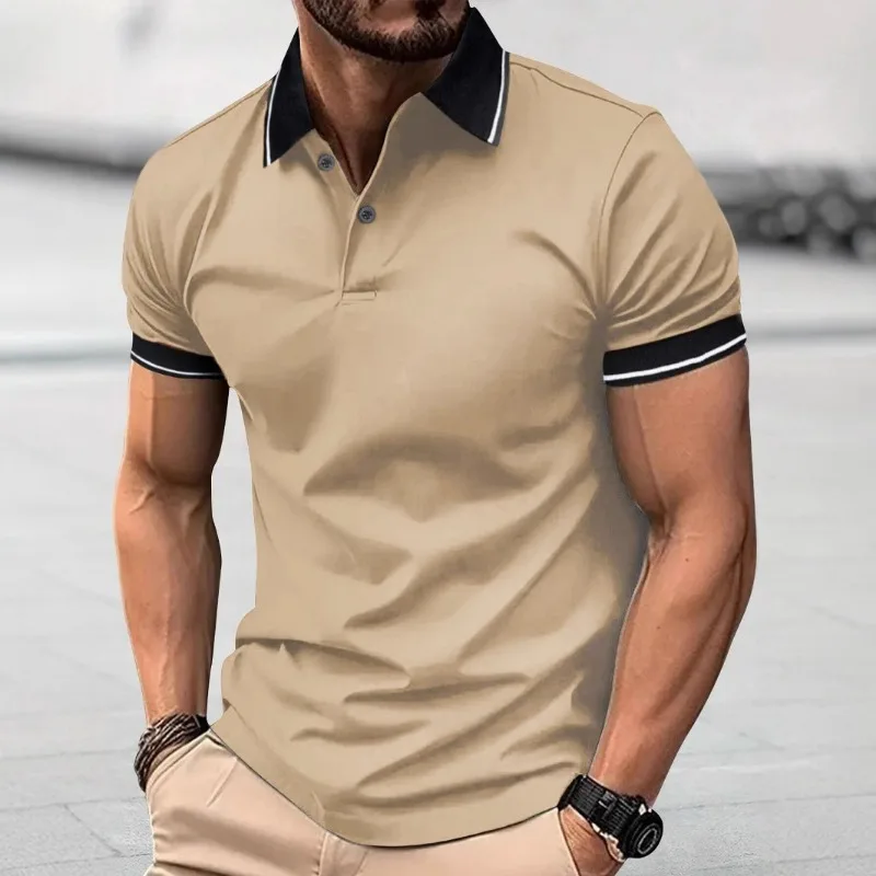 

Летняя мужская повседневная рубашка поло на пуговицах с коротким рукавом и жаккардовым воротником, деловая футболка с отложным воротником