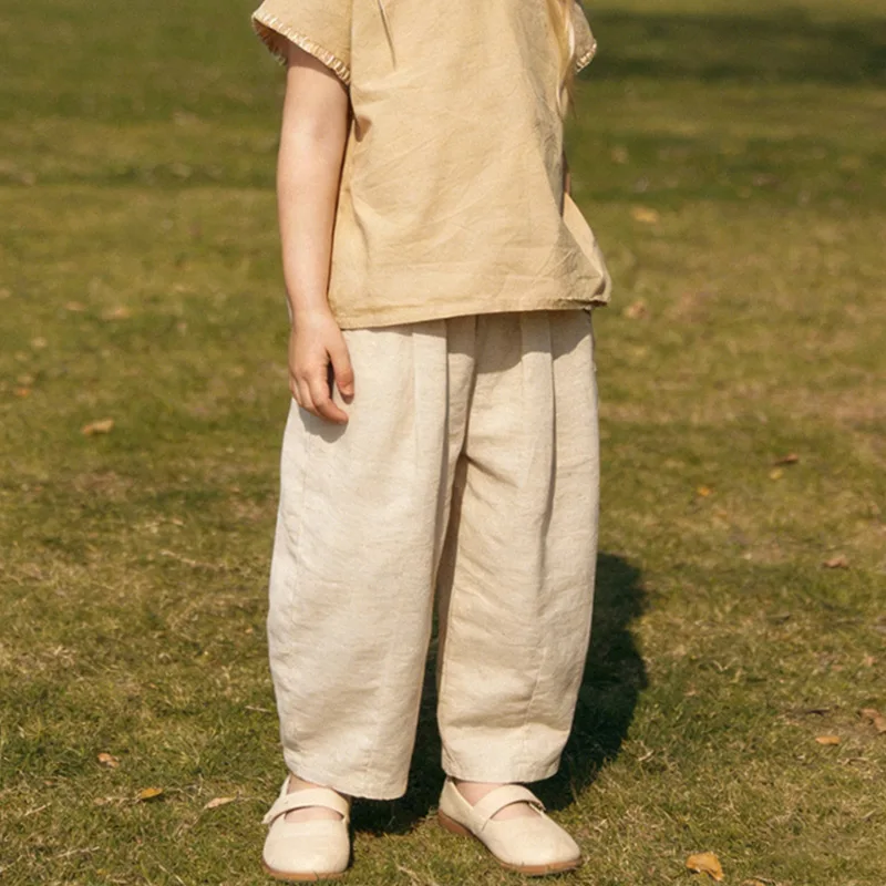 2026 Spring Summer Casual Carrot Pants for Boys and Girls Solid Color Breathable and Skin Friendly Linen Pants for Children