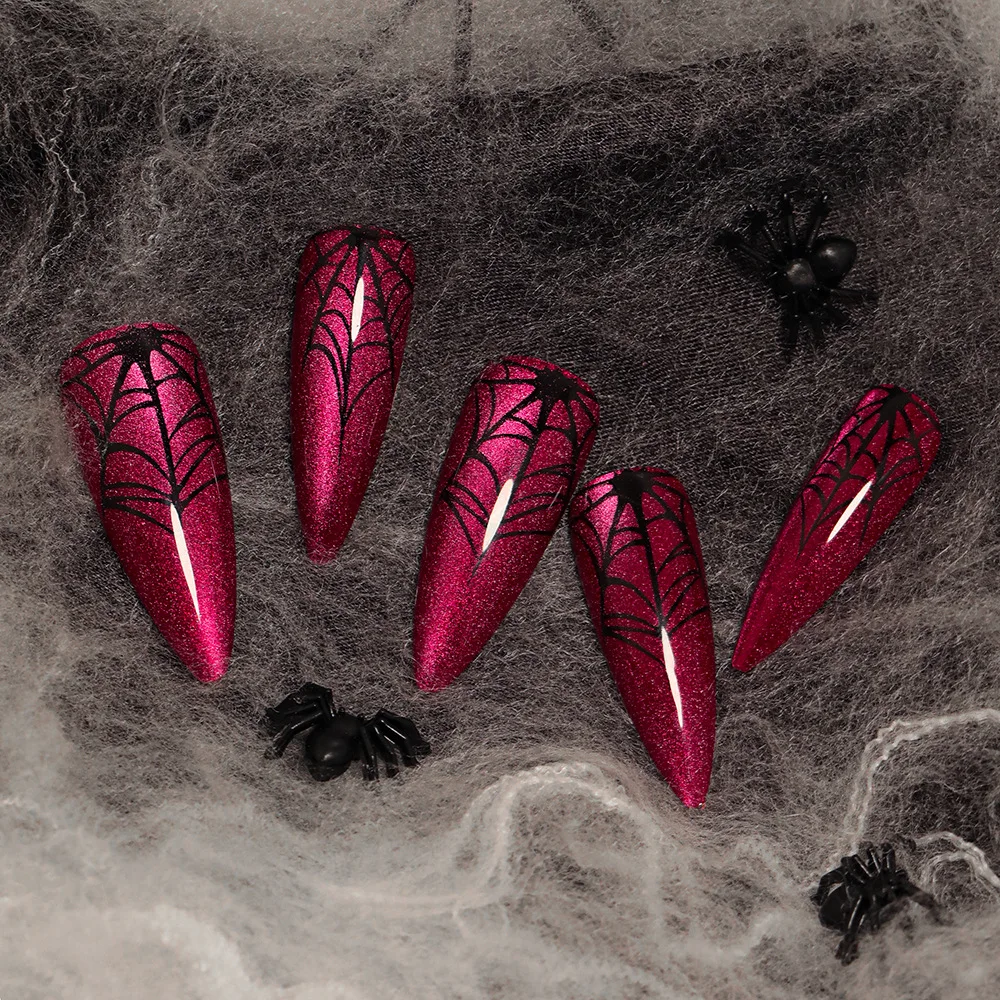 

24pcs/1box Halloween nail art set with red cat's eye glossy spider web press-on nail tips and European-style pointed nail tips
