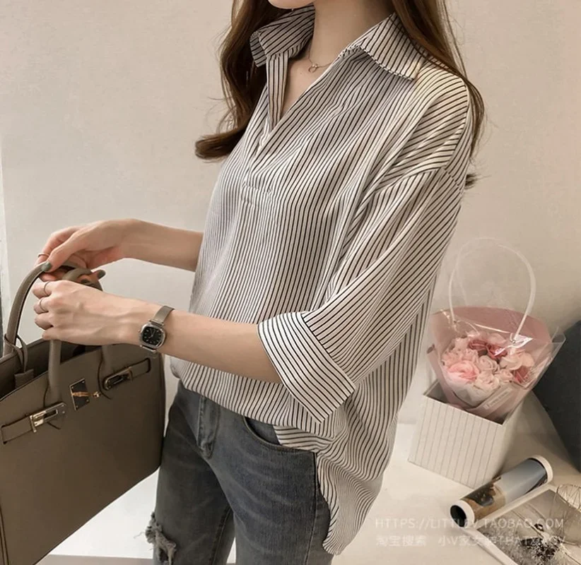 MRMT 2024 Brand New Women's Korean Version Of Loose Thin Striped Shirt Women's Thre -Quarter Sleeve Top All Match Break