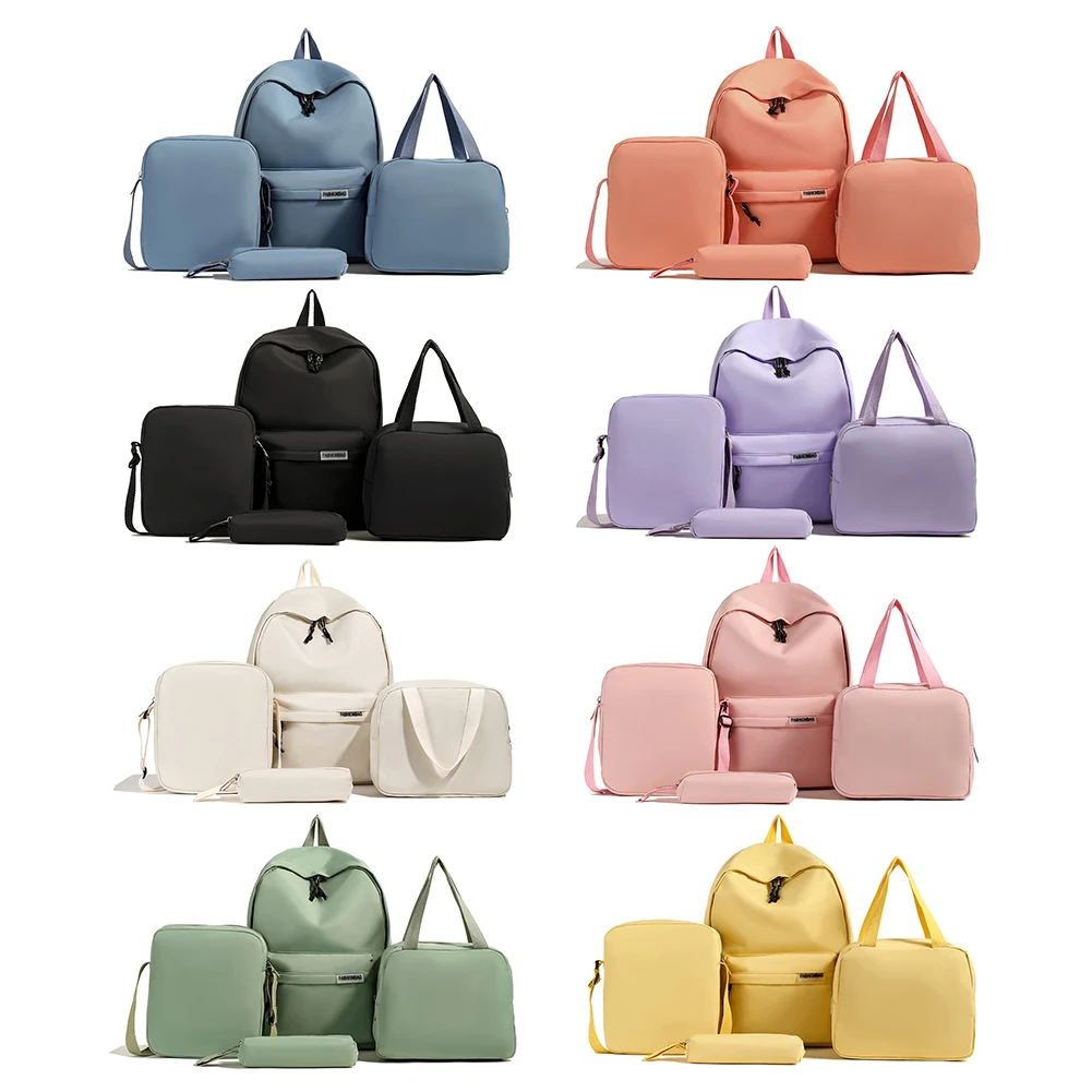 

4Pcs Backpack Set Primary Students Backpack Large Capacity Solid Color Lunch Bag Waterproof Fashion Crossbody Bag for Boys Girls