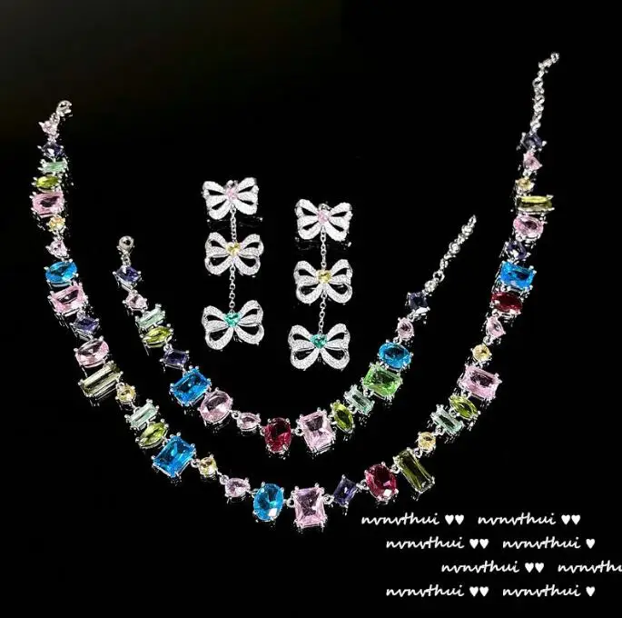 

Colorful Candy Colored Stone Necklace Designer 18K Gold Plated Zircon Crystal Bracelet Set
