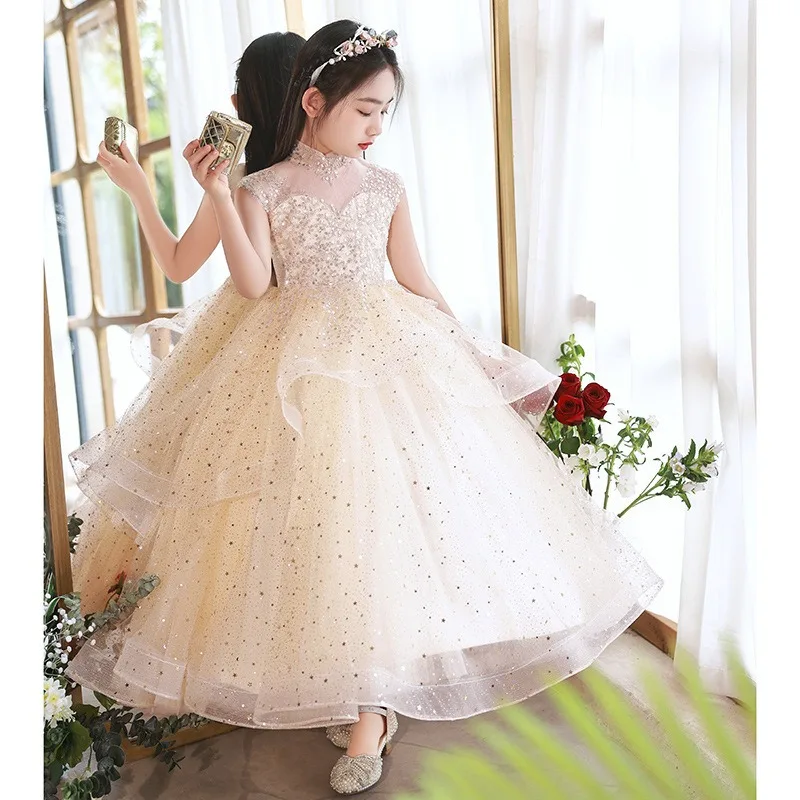 Flower Girl's Fluffy Gaze Dress, Evening Little Host, vestidos para piano, vestido de baile, Walk Show, novo, primavera