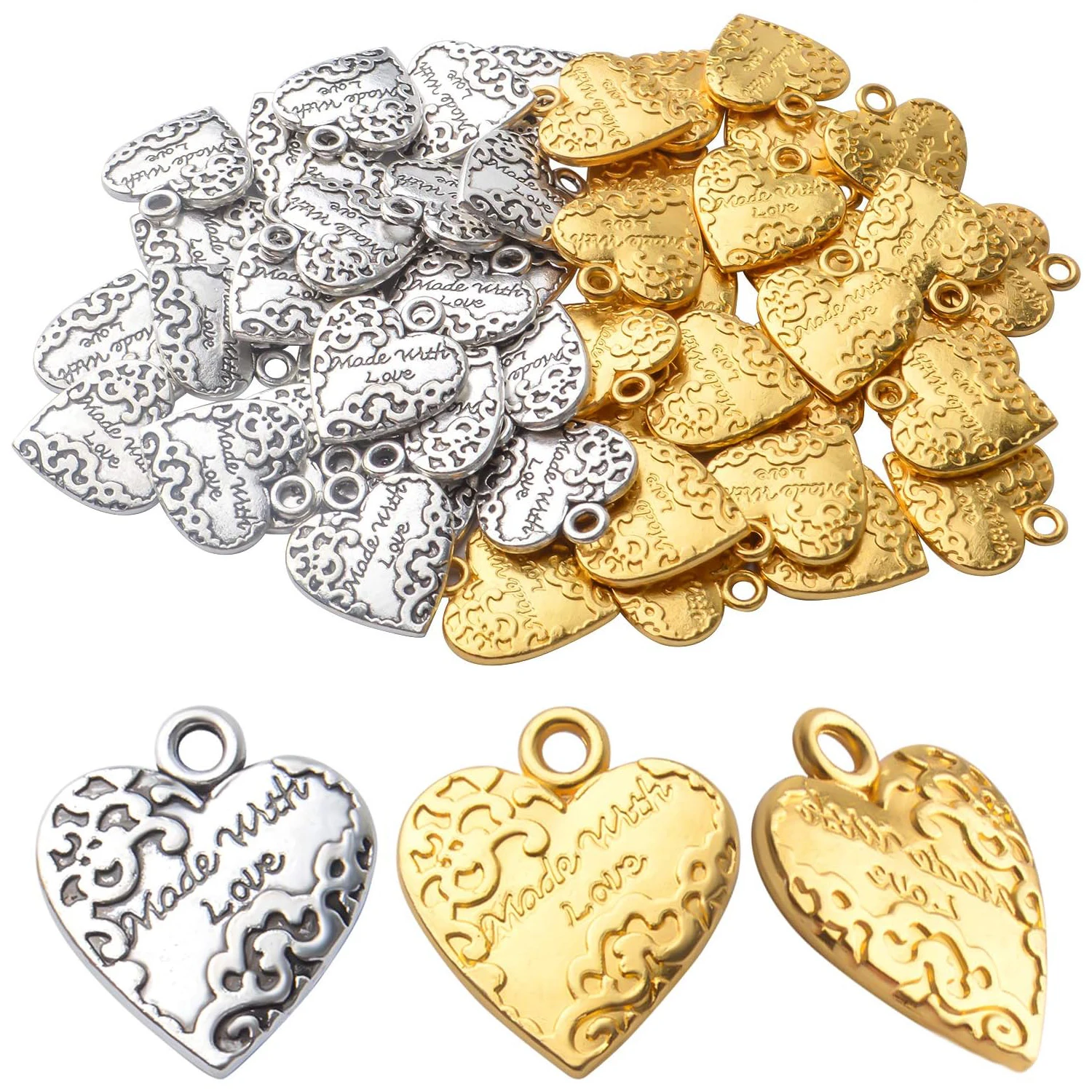 

50 шт. подвесок в форме сердца с надписью «Сделано с любовью», бусины-сердечки из сплава для изготовления украшений своими руками, для ожерелий и браслетов