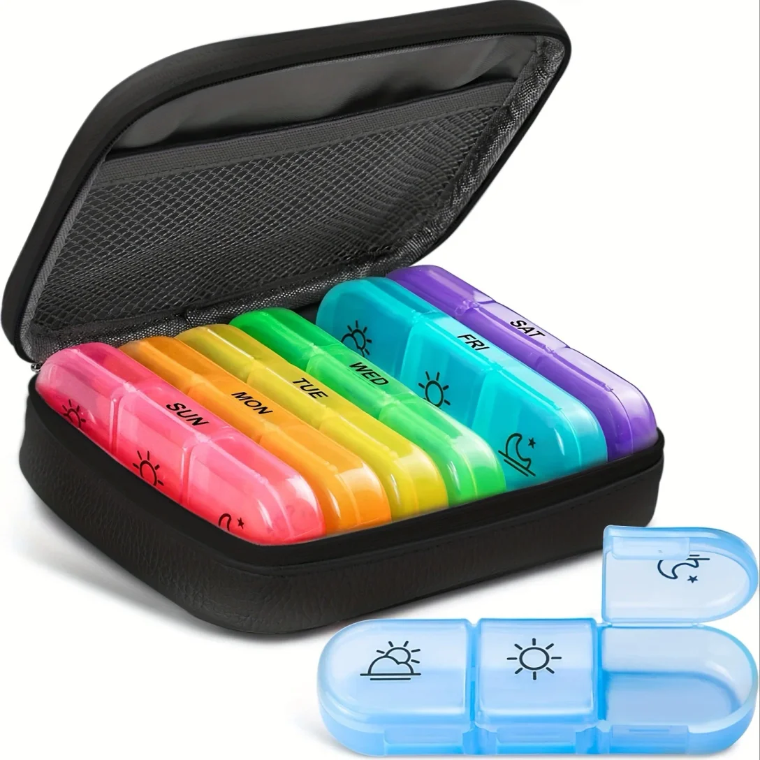 

Weekly Pill Organizer 3 Times a Day, Portable 7 Day Pill Box with a PU Leather Bag for Travel, Fish Oils, Supplements, Pink