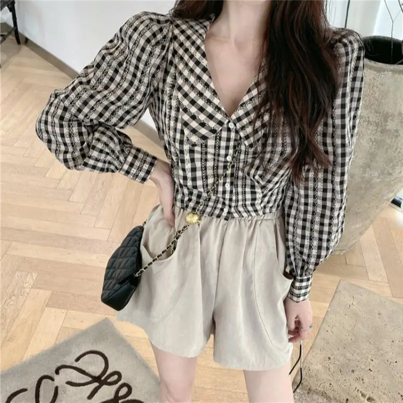 Shirts Women Plaid Peter Pan Collar Puff Sleeve Fashionable Student Slim Ulzzang Female Vintage Stylish Daily Tender All-match